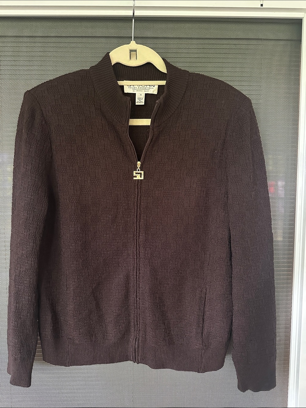 St. John sport essentials Y2K Brown wool rayon Full-Zip Textured Sweater Jacket